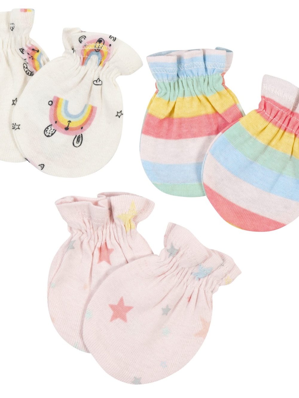 Gerber Baby Mittens 3-Pack - Rainbow, Pastel Stripes & Pink Star Prints
